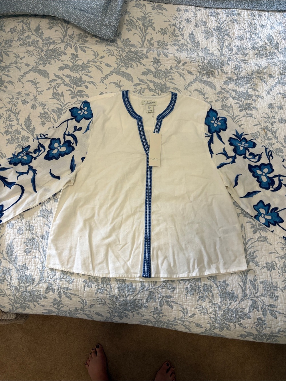 Calypso St. Barth Cream Tunic with Blue Floral Embroidered Sleeves